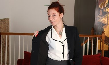 Red Hairy American housewife playing with her muff