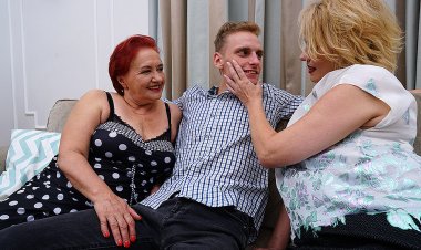 Two naughty mature sluts getting fucked by one younger guy