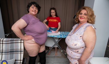 Two BBW mature sluts get their big asses eaten by a hot teen