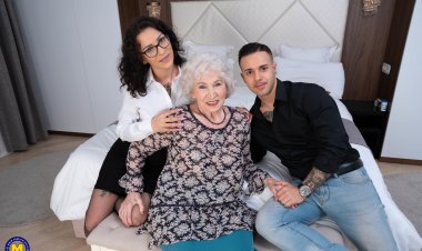 Horny granny gets it in a threesome with a tatooed younger couple