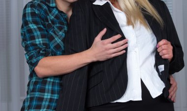 Naughty chubby lady playing around with her toy boy