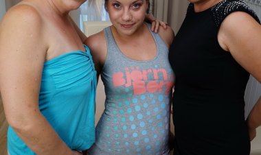 Two naughty lesbian housewives playing with a much younger babe