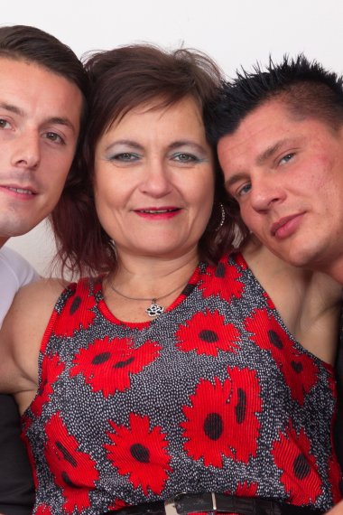 Hairy mature lady fooling around with two guys