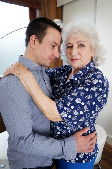 Horny toy boy playing around with a hairy granny