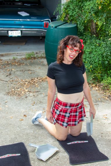 naughty mom loves dressing up as a teen and get wet in her husbands car