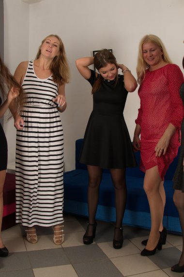 Five old and young nymphos sharing one hard cock