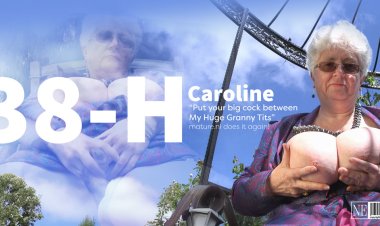 Granny Caroline with a cup size of 38 plays with Her Massive Tits and Talks Dirty in the Garden